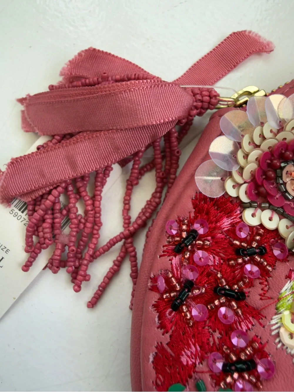 Anthropologie Pink Beaded Floral 'A' Round leather Pouch